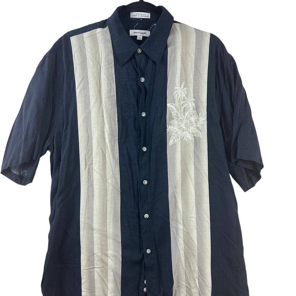 Pierre Cardin Hawaiian Shirt Mens Large Navy Beige Rayon‎ Palm Print
